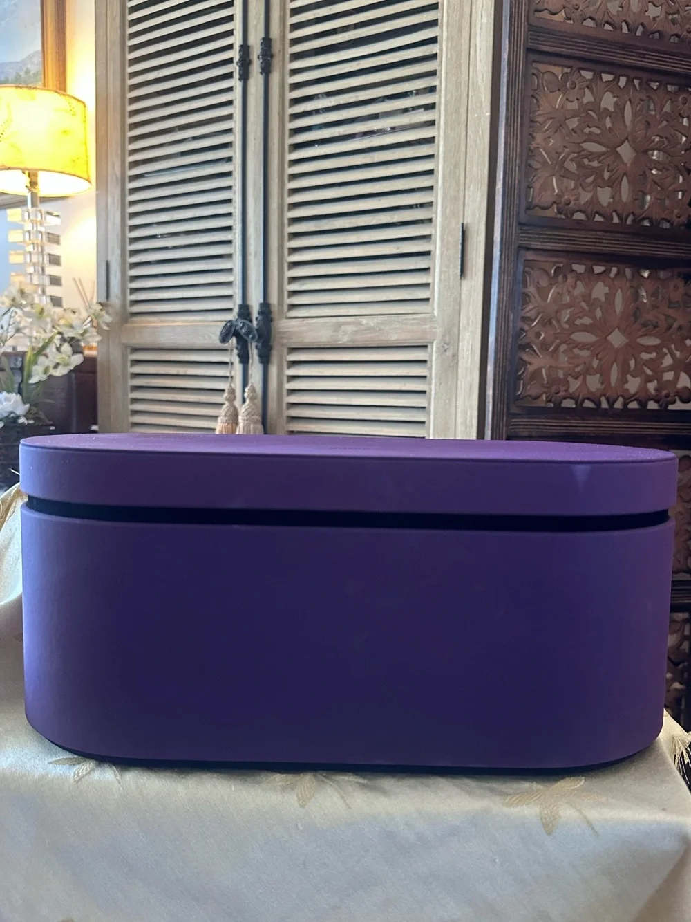 Dyson Airwrap Purple Storage Box / Case & Black & Orange Velvet Travel Wrap Bag.